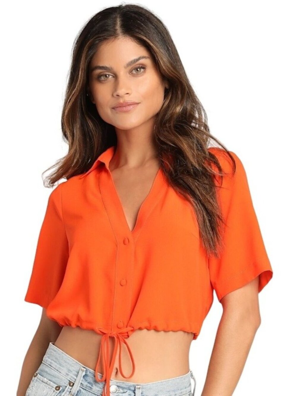 Lulus "Always The Best Orange" Drawstring Cropped Button-Up - Medium